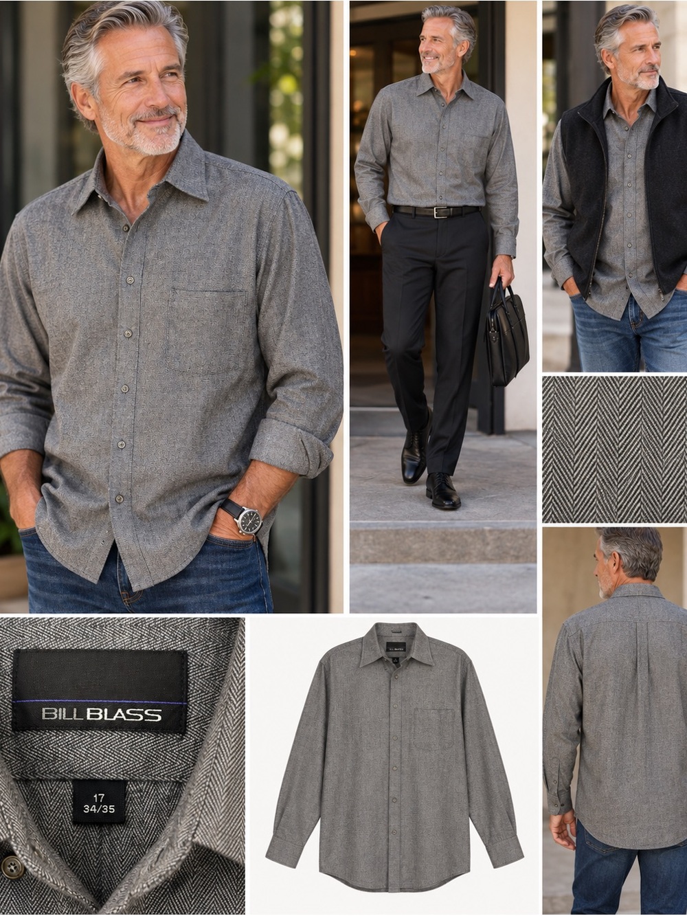 bill blass Men's Gray Herringbone Shirt Jacket